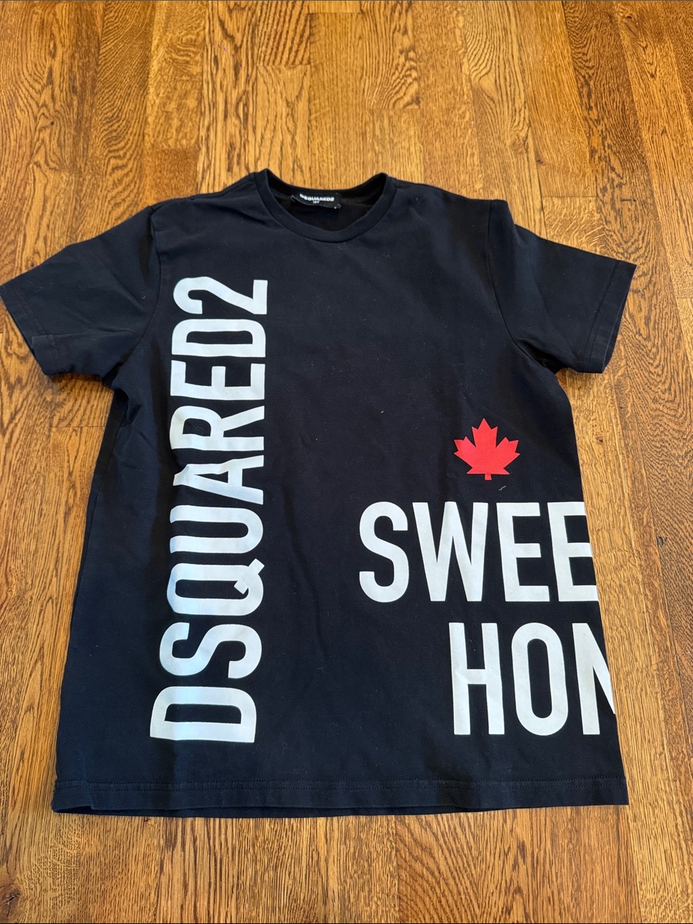 DSQUARED2 Black Tee with White Logo and Red Maple Size 12